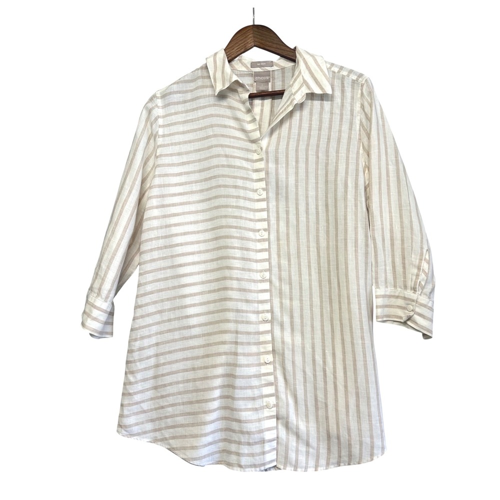 Chico's No Iron 100% Linen Striped Button Down Shirt 3/4 Sleeve 2 US L Mature